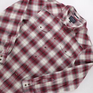 Lucky Brand Saturday Stretch Western Pearl Snap Plaid Flannel Shirt Mens L Red